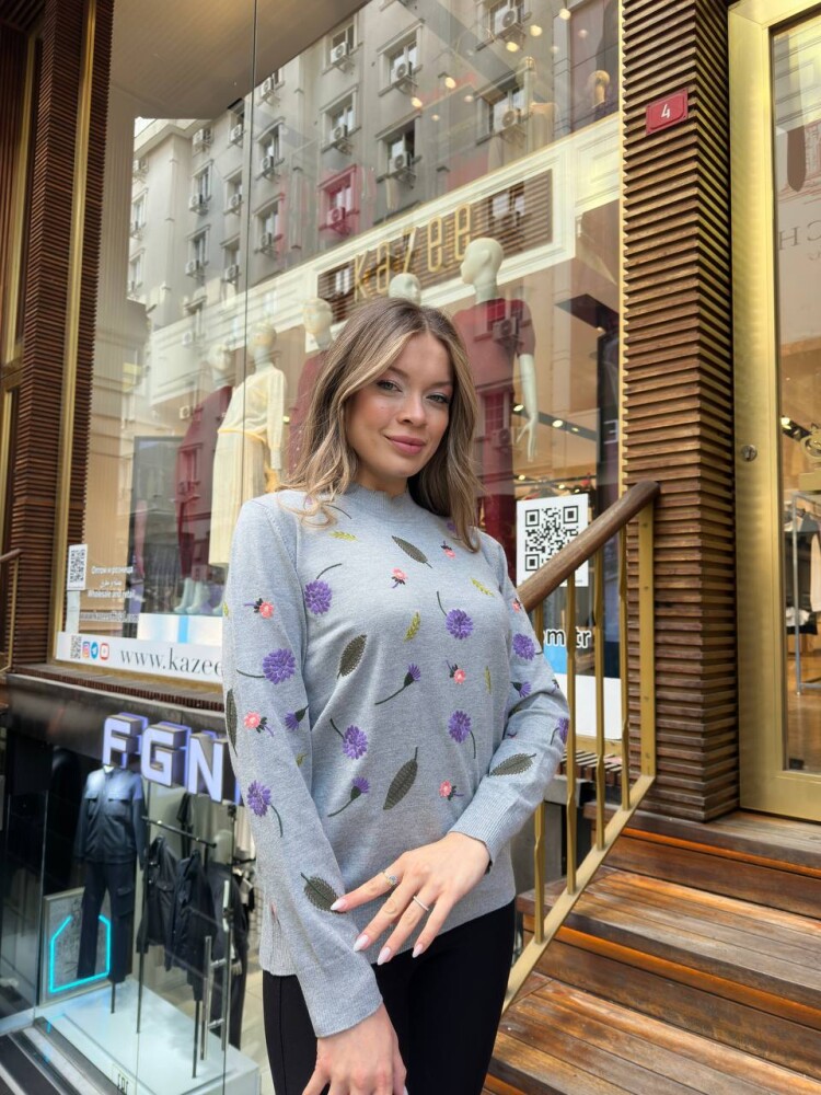 Triko Kazak Çiçek Nakışlı Gri - 32166 | KAZEE (3'lü Set L-XL-2XL) - 1