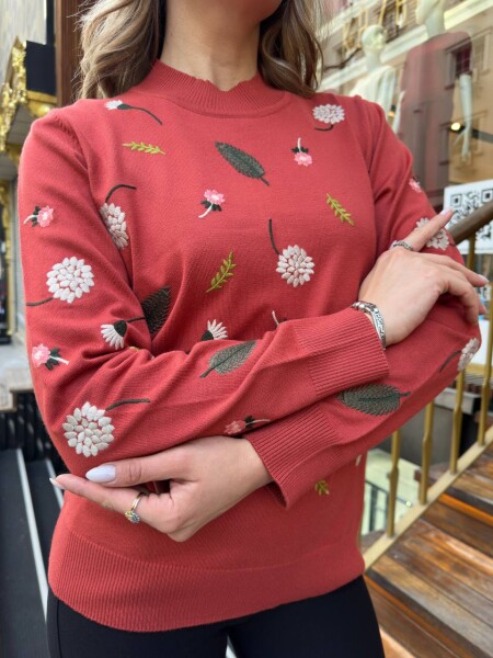 Triko Kazak Çiçek Nakışlı Gül Kurusu - 32166 | KAZEE (3'lü Set L-XL-2XL) - 4