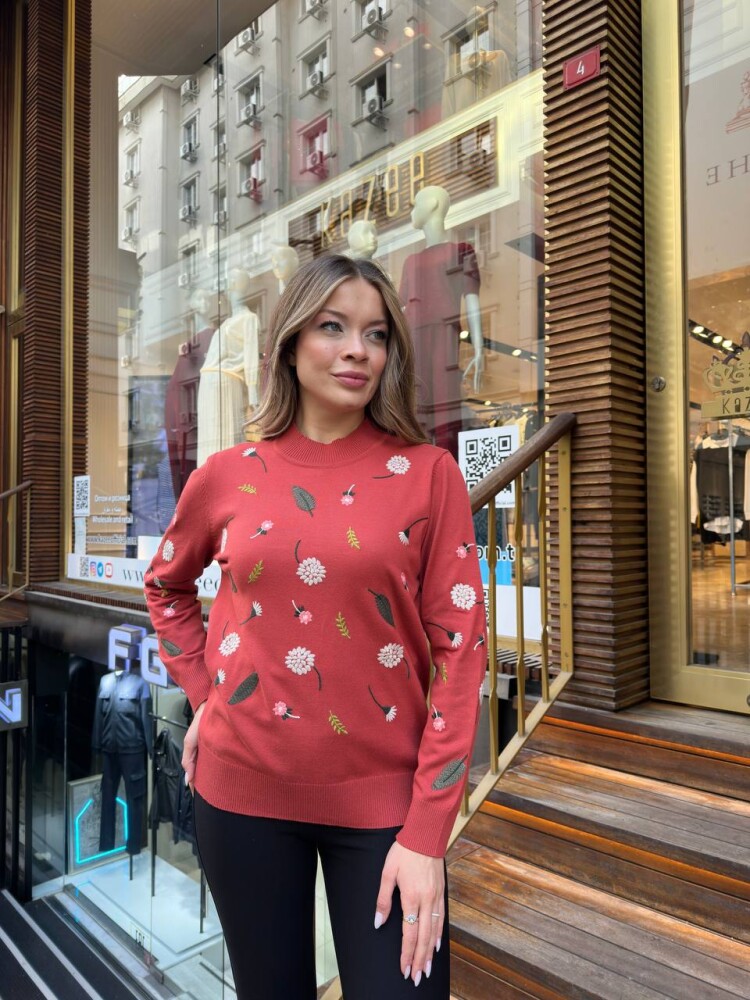 Triko Kazak Çiçek Nakışlı Gül Kurusu - 32166 | KAZEE (3'lü Set L-XL-2XL) - 1