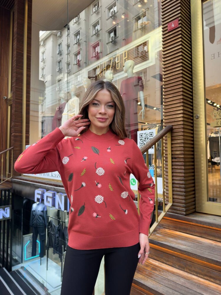 Triko Kazak Çiçek Nakışlı Gül Kurusu - 32166 | KAZEE (3'lü Set L-XL-2XL) - 2