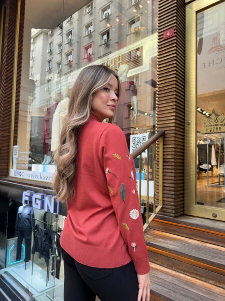 Triko Kazak Çiçek Nakışlı Gül Kurusu - 32166 | KAZEE (3'lü Set L-XL-2XL) - 6