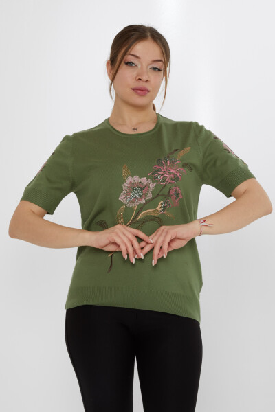 Triko Kazak Çiçek Nakışlı Haki - 31725 | KAZEE (3'lü Set L-XL-2XL) - KAZEE 