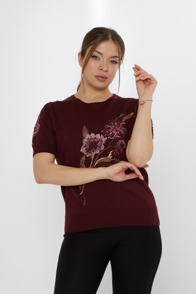 Triko Kazak Çiçek Nakışlı Mürdüm - 31725 | KAZEE (3'lü Set L-XL-2XL) - KAZEE 