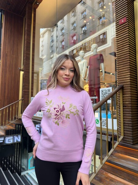 Triko Kazak Çiçek Nakışlı Pembe - 32088 | KAZEE (3'lü Set M-L-XL) 