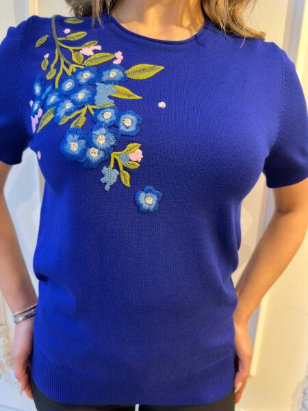 Triko Kazak Çiçek Nakışlı Saks - 32040 | KAZEE (3'lü Set M-L-XL) - 4