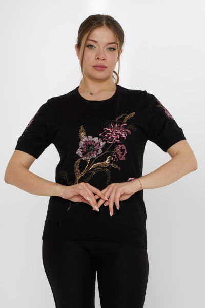Triko Kazak Çiçek Nakışlı Siyah - 31725 | KAZEE (3'lü Set L-XL-2XL) - KAZEE 