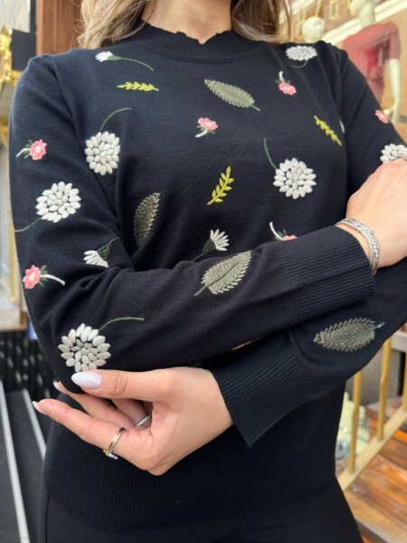 Triko Kazak Çiçek Nakışlı Siyah - 32166 | KAZEE (3'lü Set L-XL-2XL) - 4