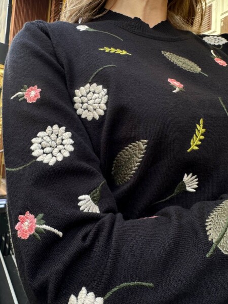 Triko Kazak Çiçek Nakışlı Siyah - 32166 | KAZEE (3'lü Set L-XL-2XL) - 5