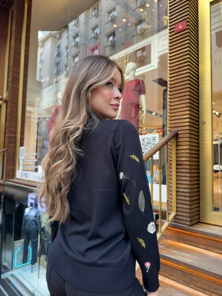 Triko Kazak Çiçek Nakışlı Siyah - 32166 | KAZEE (3'lü Set L-XL-2XL) - 6