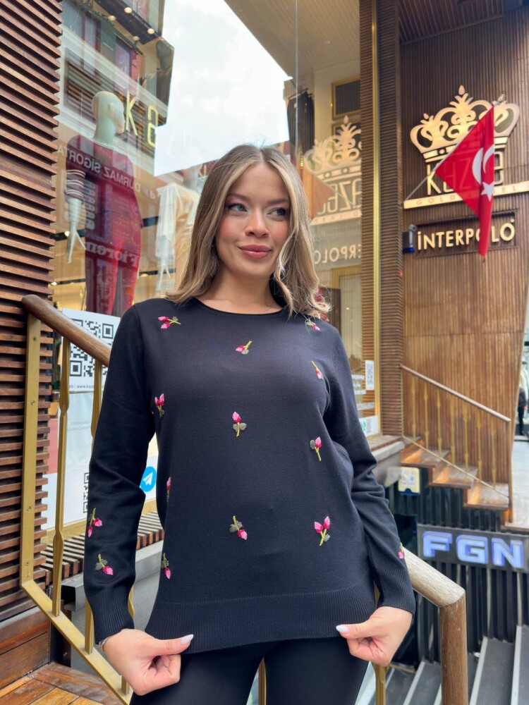 Triko Kazak Çiçek Nakışlı Siyah - 32167 | KAZEE (3'lü Set S-M-L) - 1