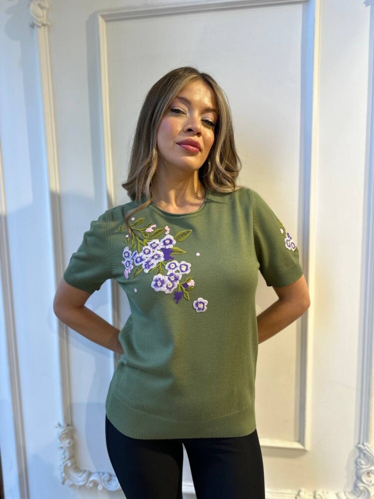 Triko Kazak Çiçek Nakışlı Yeşil - 32040 | KAZEE (3'lü Set M-L-XL) - 1