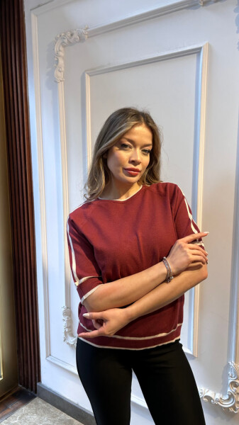 Triko Kazak Çizgi Detaylı Bordo - 32437 | KAZEE (3'lü Set L-XL-2XL) 