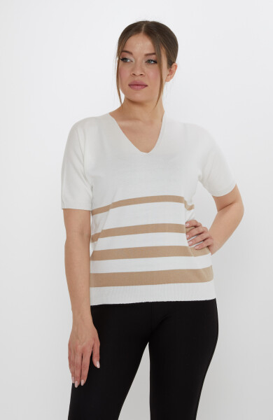 Triko Kazak Çizgi Detaylı Ekru-Bej - 31176 | KAZEE (3'lü Set M-L-XL) - Kazee