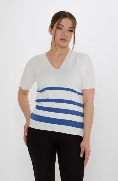 Triko Kazak Çizgi Detaylı Ekru-İndigo - 31176 | KAZEE (3'lü Set M-L-XL) - Kazee