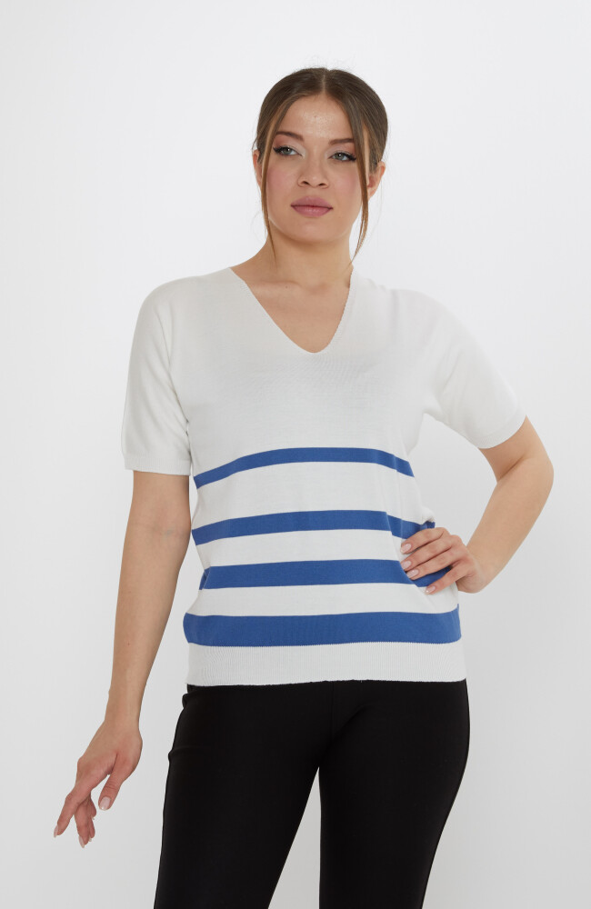 Triko Kazak Çizgi Detaylı Ekru-İndigo - 31176 | KAZEE (3'lü Set M-L-XL) - 2