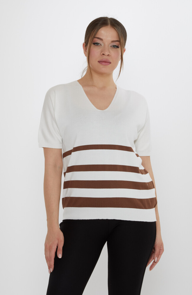 Triko Kazak Çizgi Detaylı Ekru-Kahve - 31176 | KAZEE (3'lü Set M-L-XL) - 1