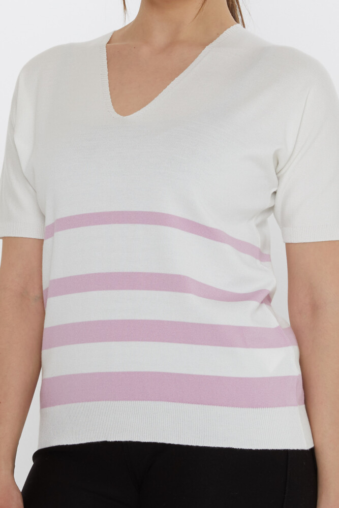 Triko Kazak Çizgi Detaylı Ekru-Lila - 31176 | KAZEE (3'lü Set M-L-XL) - 4