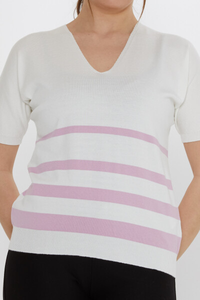 Triko Kazak Çizgi Detaylı Ekru-Lila - 31176 | KAZEE (3'lü Set M-L-XL) - 3