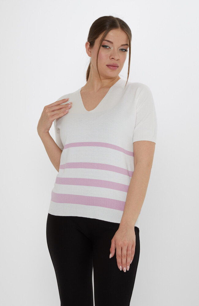 Triko Kazak Çizgi Detaylı Ekru-Lila - 31176 | KAZEE (3'lü Set M-L-XL) - 1