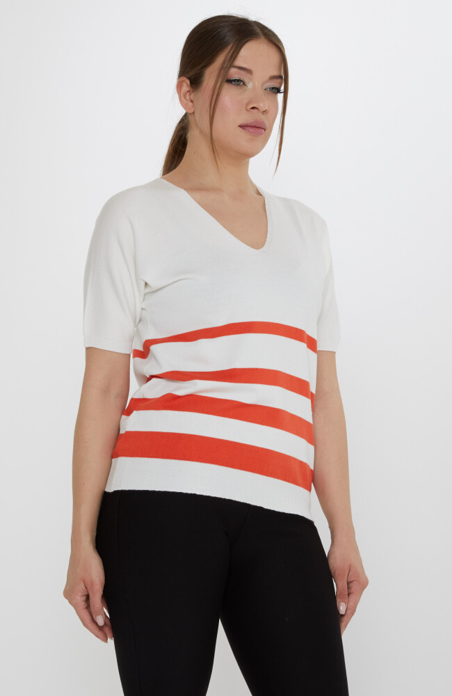 Triko Kazak Çizgi Detaylı Ekru-Oranj - 31176 | KAZEE (3'lü Set M-L-XL) - 2