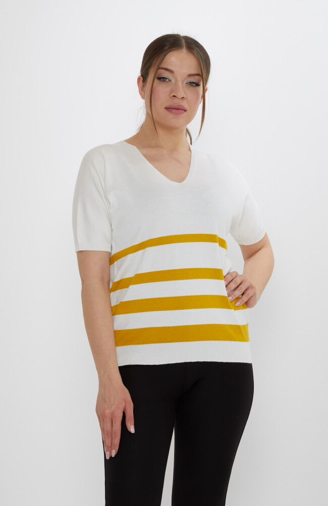 Triko Kazak Çizgi Detaylı Ekru-Safran - 31176 | KAZEE (3'lü Set M-L-XL) - 2