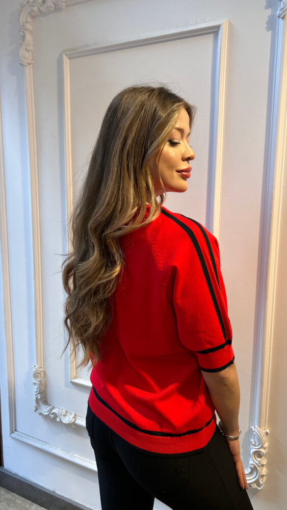 Triko Kazak Çizgi Detaylı Kırmızı - 32437 | KAZEE (3'lü Set L-XL-2XL) - 4