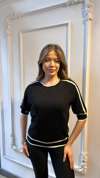 Triko Kazak Çizgi Detaylı Siyah - 32437 | KAZEE (3'lü Set L-XL-2XL) - KAZEE