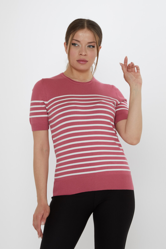 Triko Kazak Çizgili Gül Kurusu-Ekru - 30396 | KAZEE (4'lü Set M-L-XL-2XL) - 1