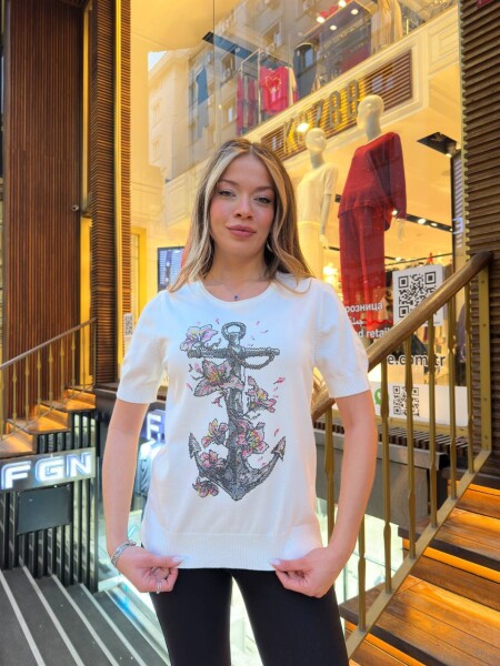 Triko Kazak Desenli Nakışlı Ekru - 31678 | KAZEE (3'lü Set M-L-XL) 