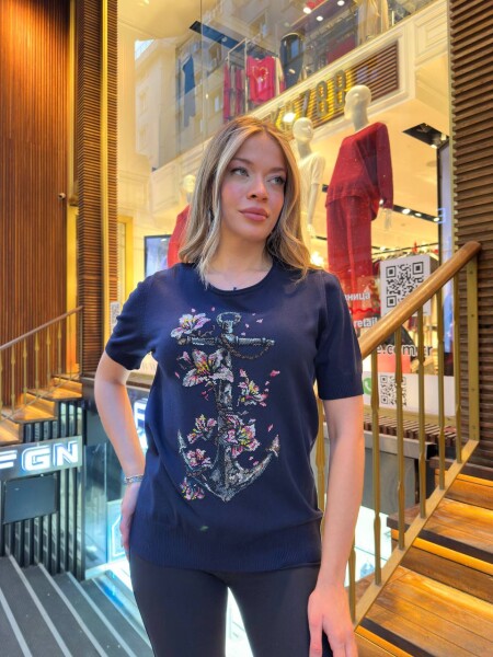 Triko Kazak Desenli Nakışlı Lacivert - 31678 | KAZEE (3'lü Set M-L-XL) - KAZEE (1)