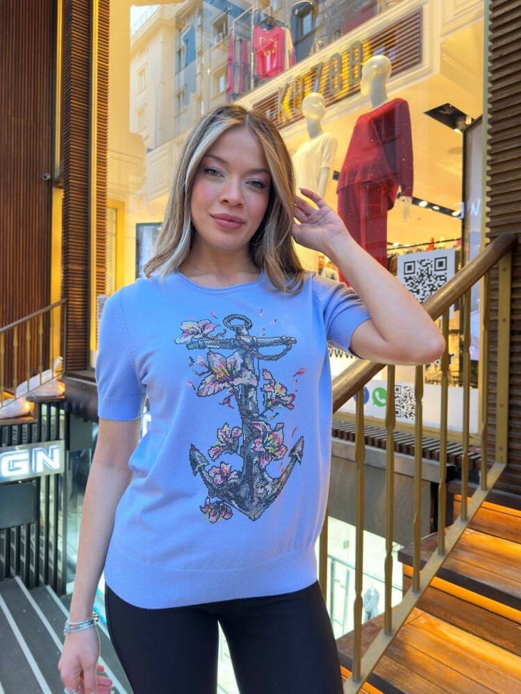 Triko Kazak Desenli Nakışlı Mavi - 31678 | KAZEE (3'lü Set M-L-XL) - 3