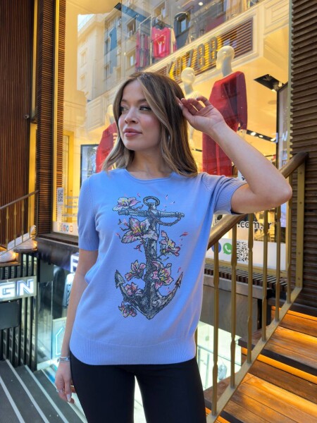 Triko Kazak Desenli Nakışlı Mavi - 31678 | KAZEE (3'lü Set M-L-XL) - KAZEE (1)