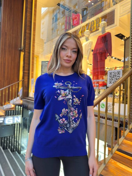 Triko Kazak Desenli Nakışlı Saks - 31678 | KAZEE (3'lü Set M-L-XL) - 3