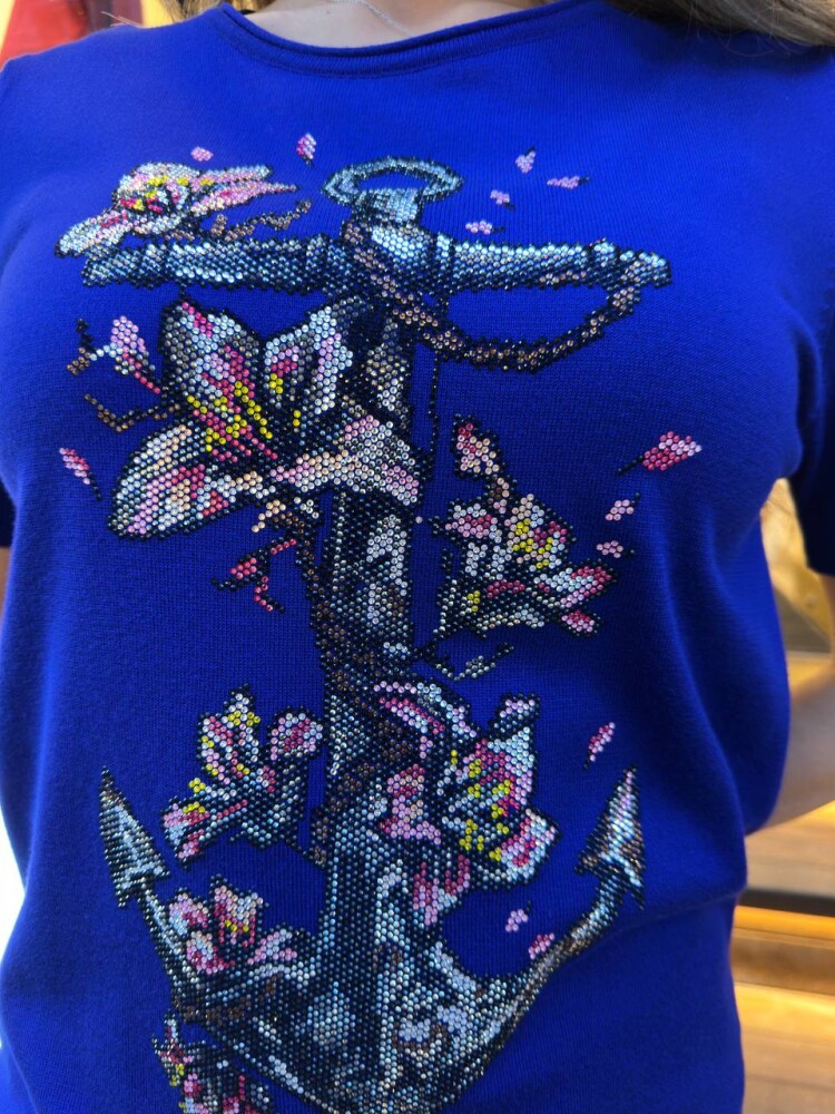 Triko Kazak Desenli Nakışlı Saks - 31678 | KAZEE (3'lü Set M-L-XL) - 4