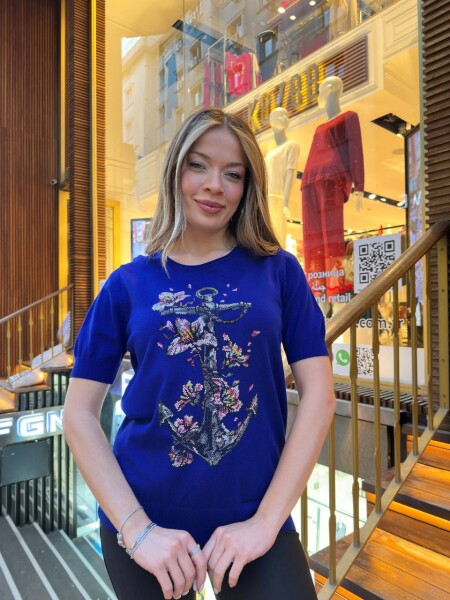 Triko Kazak Desenli Nakışlı Saks - 31678 | KAZEE (3'lü Set M-L-XL) - Kazee