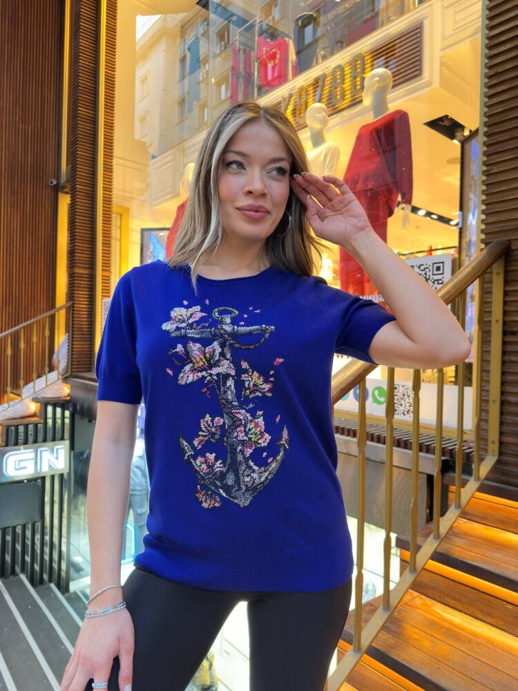 Triko Kazak Desenli Nakışlı Saks - 31678 | KAZEE (3'lü Set M-L-XL) - 2