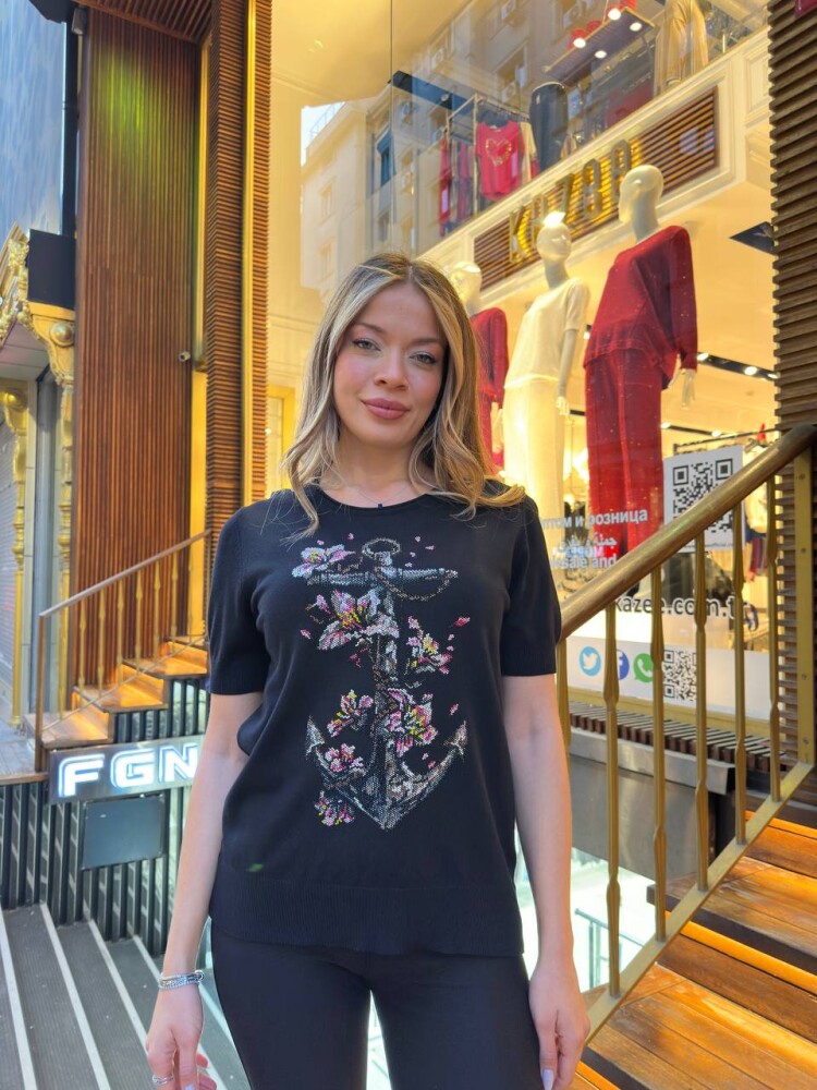 Triko Kazak Desenli Nakışlı Siyah - 31678 | KAZEE (3'lü Set M-L-XL) - 1