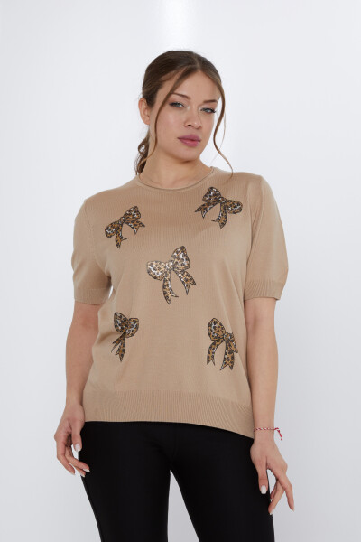Triko Kazak Fiyonk Taş İşlemeli Bej - 31577 | KAZEE (3'lü Set XL-2XL-3XL) - 1
