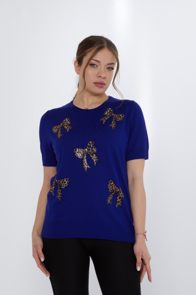 Triko Kazak Fiyonk Taş İşlemeli Saks - 31577 | KAZEE (3'lü Set XL-2XL-3XL) - 2