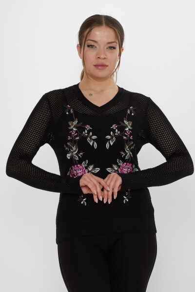 Triko Kazak Gül Nakışlı Siyah - 31113 | KAZEE (3'lü Set S-M-L) - KAZEE 