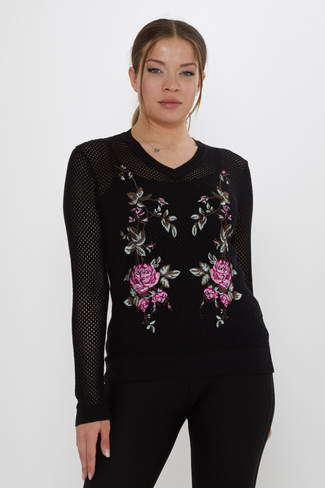 Triko Kazak Gül Nakışlı Siyah - 31113 | KAZEE (3'lü Set S-M-L) - 2