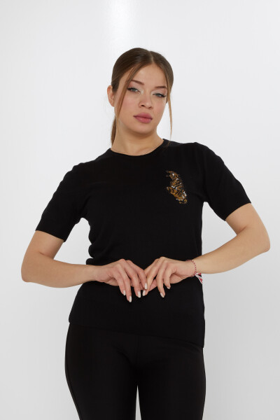 Triko Kazak Kaplan Taş İşlemeli Siyah - 31596 | KAZEE (3'lü Set M-L-XL) 