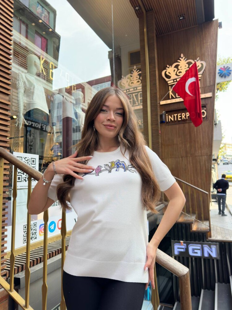 Triko Kazak Kuş Desenli Ekru - 31831 | KAZEE (3'lü Set S-M-L) - 1