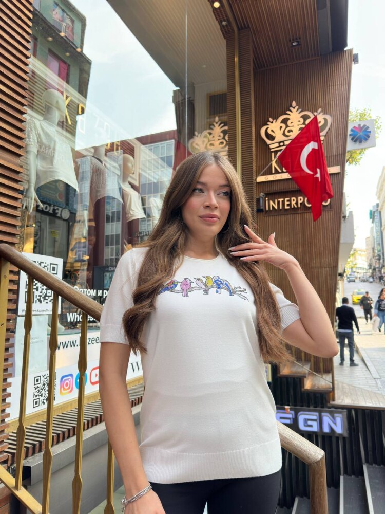 Triko Kazak Kuş Desenli Ekru - 31831 | KAZEE (3'lü Set S-M-L) - 2
