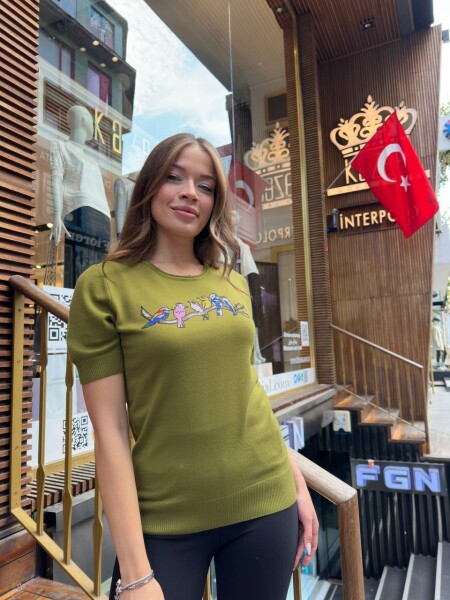 Triko Kazak Kuş Desenli Yeşil - 31831 | KAZEE (3'lü Set S-M-L) - KAZEE