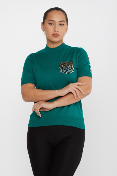 Triko Kazak Leopar Taş İşlemeli Yeşil - 31623 | KAZEE (4'lü Set M-L-XL-2XL) 