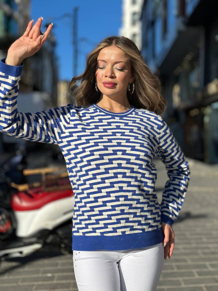 Triko Kazak Renk Geçişli Saks - 32195 | KAZEE (3'lü Set M-L-XL) - 1