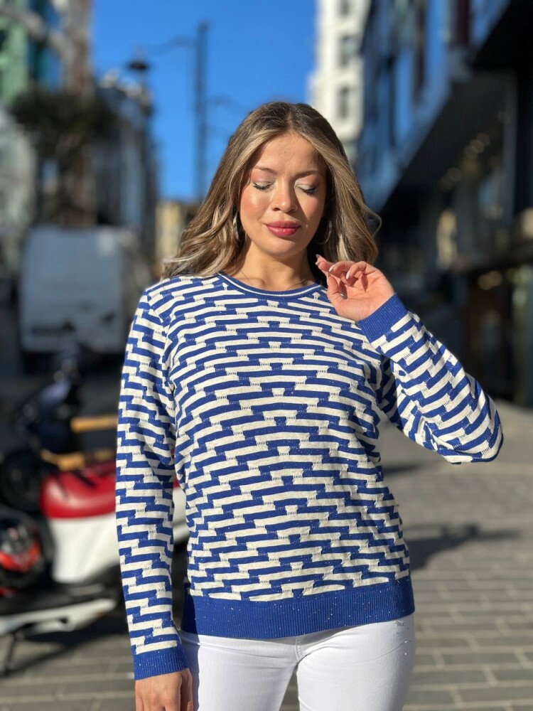 Triko Kazak Renk Geçişli Saks - 32195 | KAZEE (3'lü Set M-L-XL) - 2