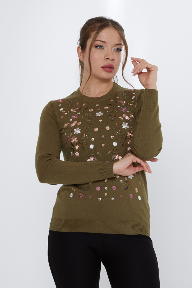 Triko Kazak Renkli Nakış İşlemeli Haki - 31122 | KAZEE (3'lü Set M-L-XL) - 2