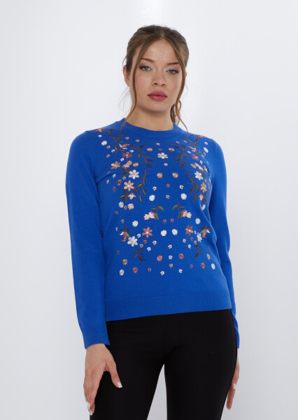 Triko Kazak Renkli Nakış İşlemeli Saks - 31122 | KAZEE (3'lü Set M-L-XL) - KAZEE (1)